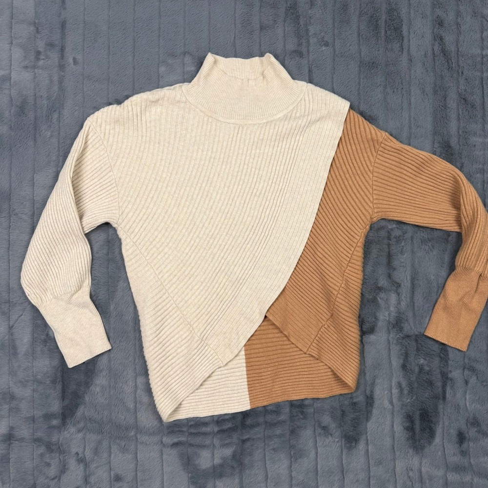 Express Womens Colorblock Ribbed Mock Neck Asymmetrical Wrap Sweater Tan Cream L